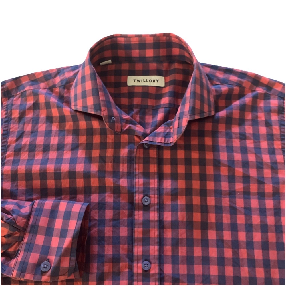 Twillory Mens Tailored Fit Gingham Check Shirt Red Blue 16 36/37 Cotton Preppy